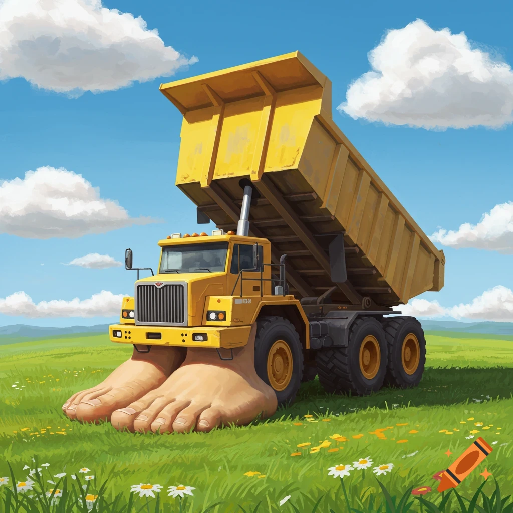 A yellow dump truck with human feet instead of wheels stands in a grassy field under a blue sky.