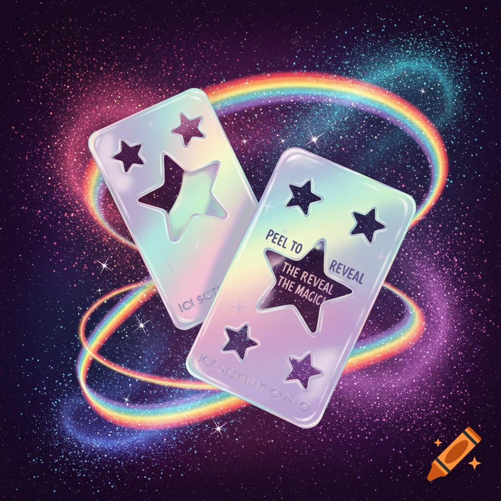 Blister packs with star cutouts shimmer with iridescent colors against a cosmic background filled with sparkles and rainbow trails.