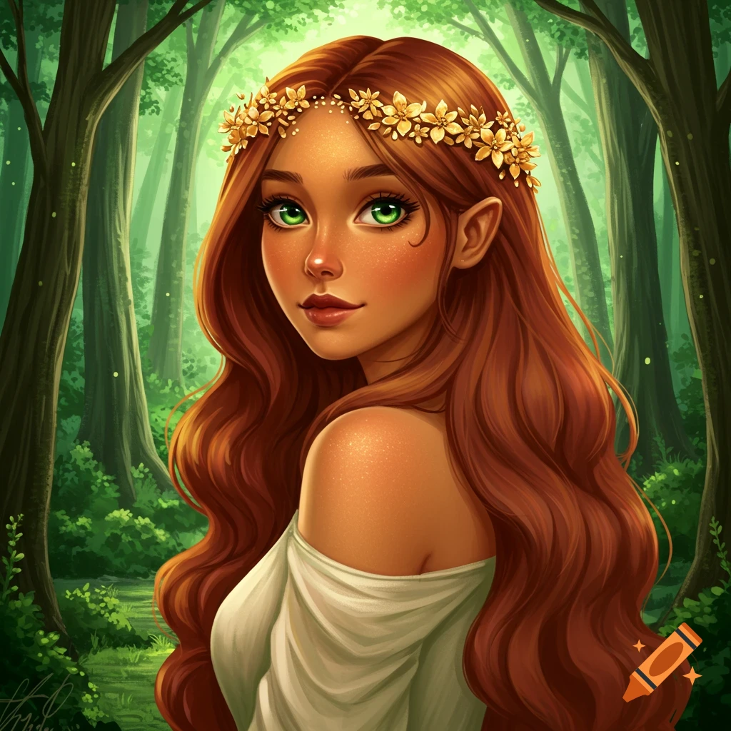 A fantasy woman with long red hair, green eyes, and a flower crown in a forest.