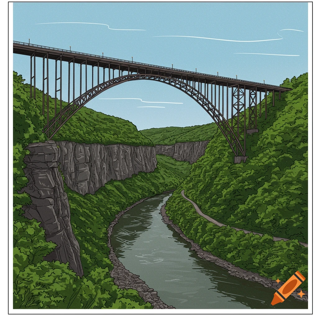 Color line art illustration of a large steel bridge over a river in a green gorge.