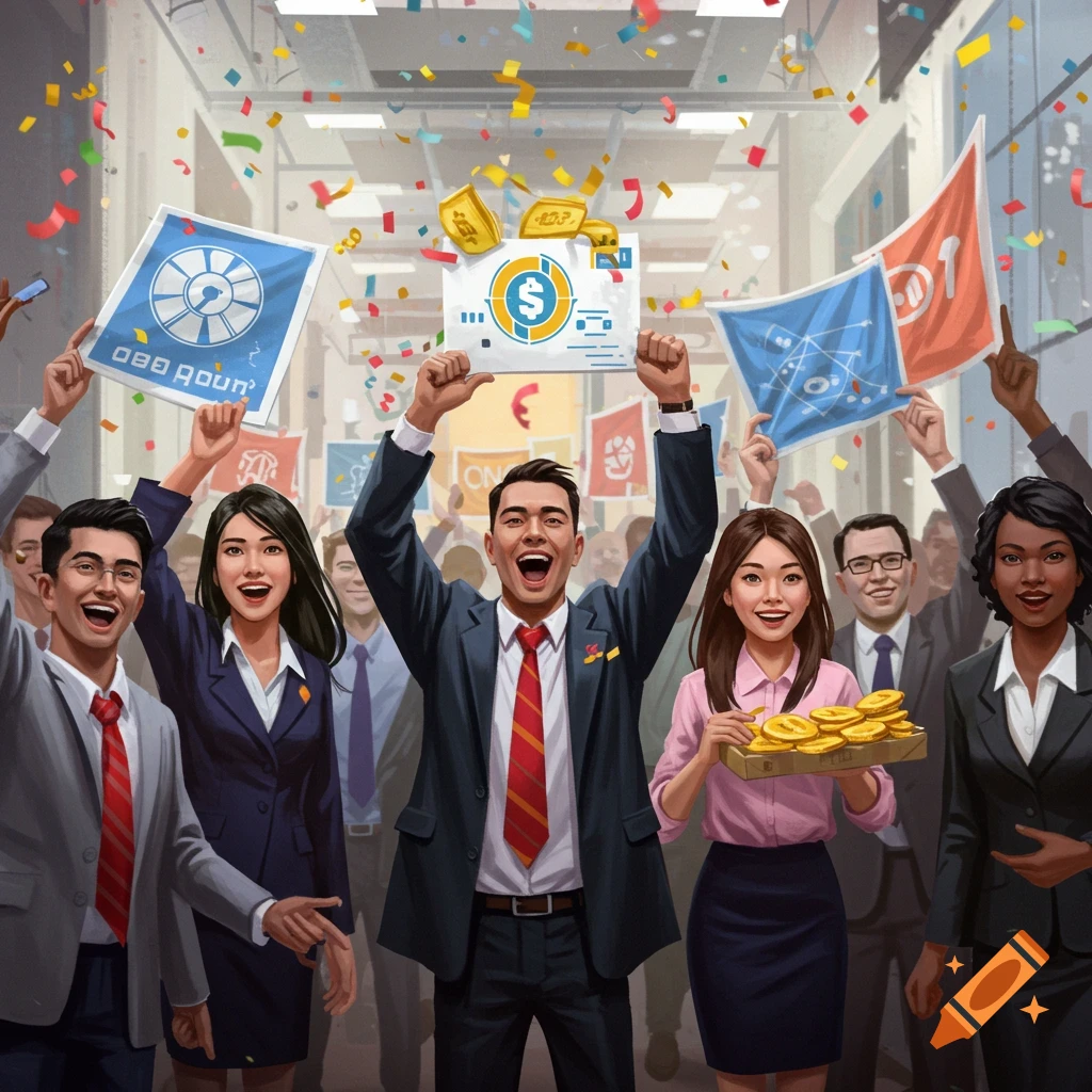Excited business people celebrating with confetti, holding signs and money.