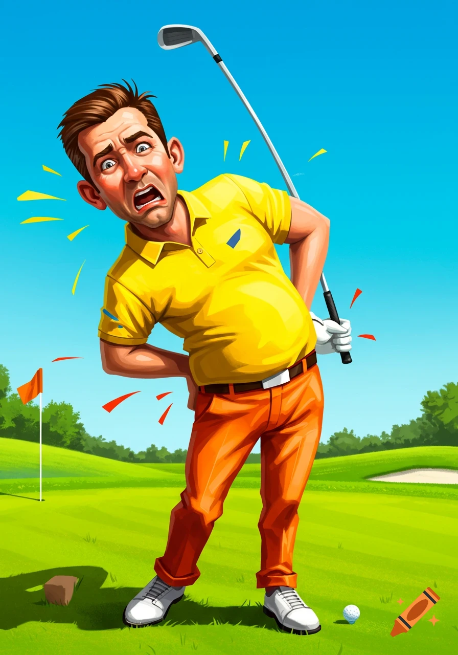 A cartoon illustration of a golfer grimacing in pain, holding his back during a swing.