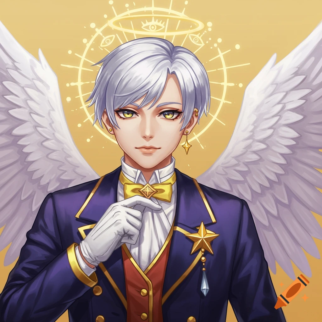 An anime-style illustration of an angelic man with silver hair, golden eyes, and white wings wearing a blue tailcoat and yellow bowtie, adjusting his glove.