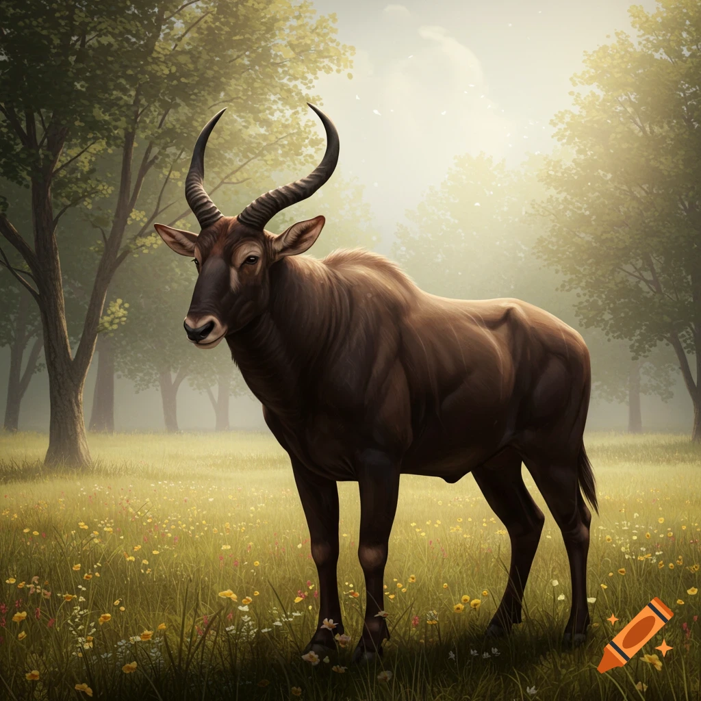A sable antelope stands in a sunny field.