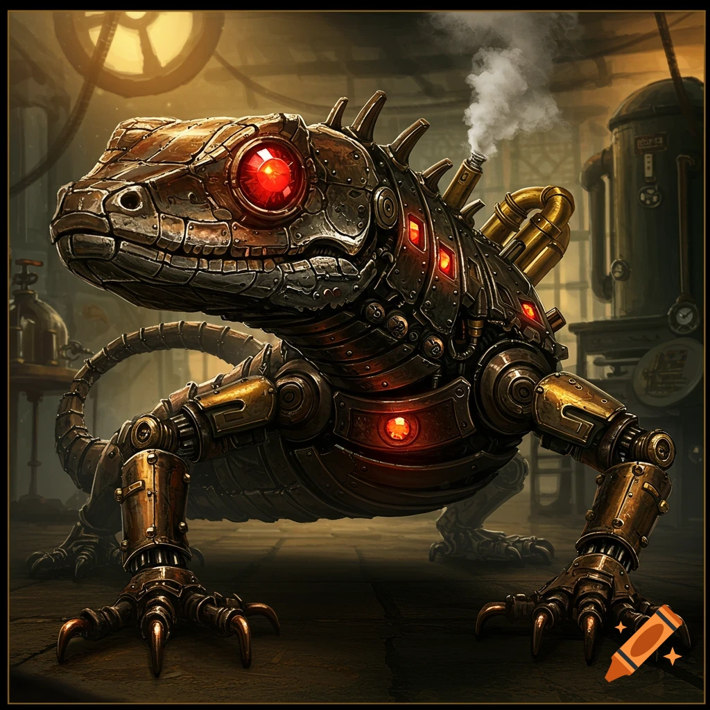 A detailed image of a steampunk lizard robot with ruby eyes in a workshop.
