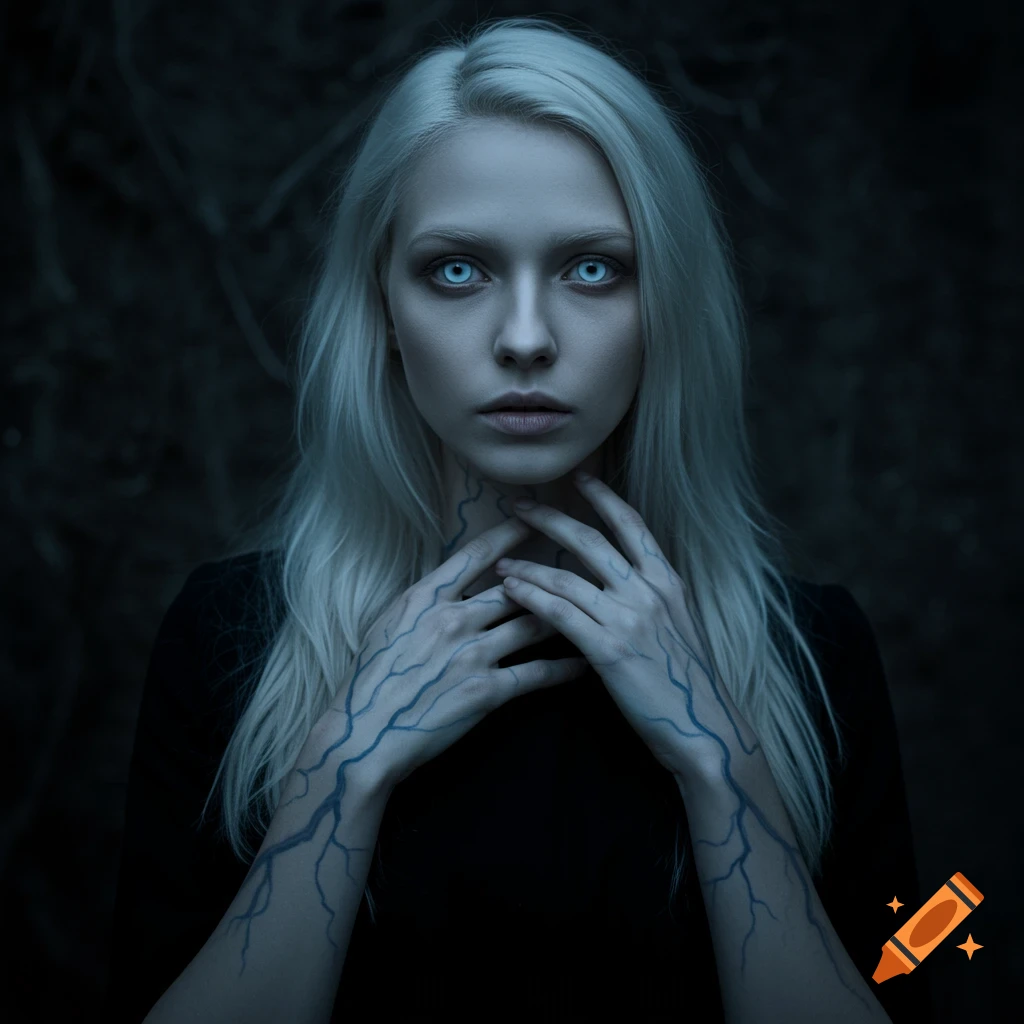 A young woman with pale skin, blue veins, and glowing blue eyes poses in a dark setting.