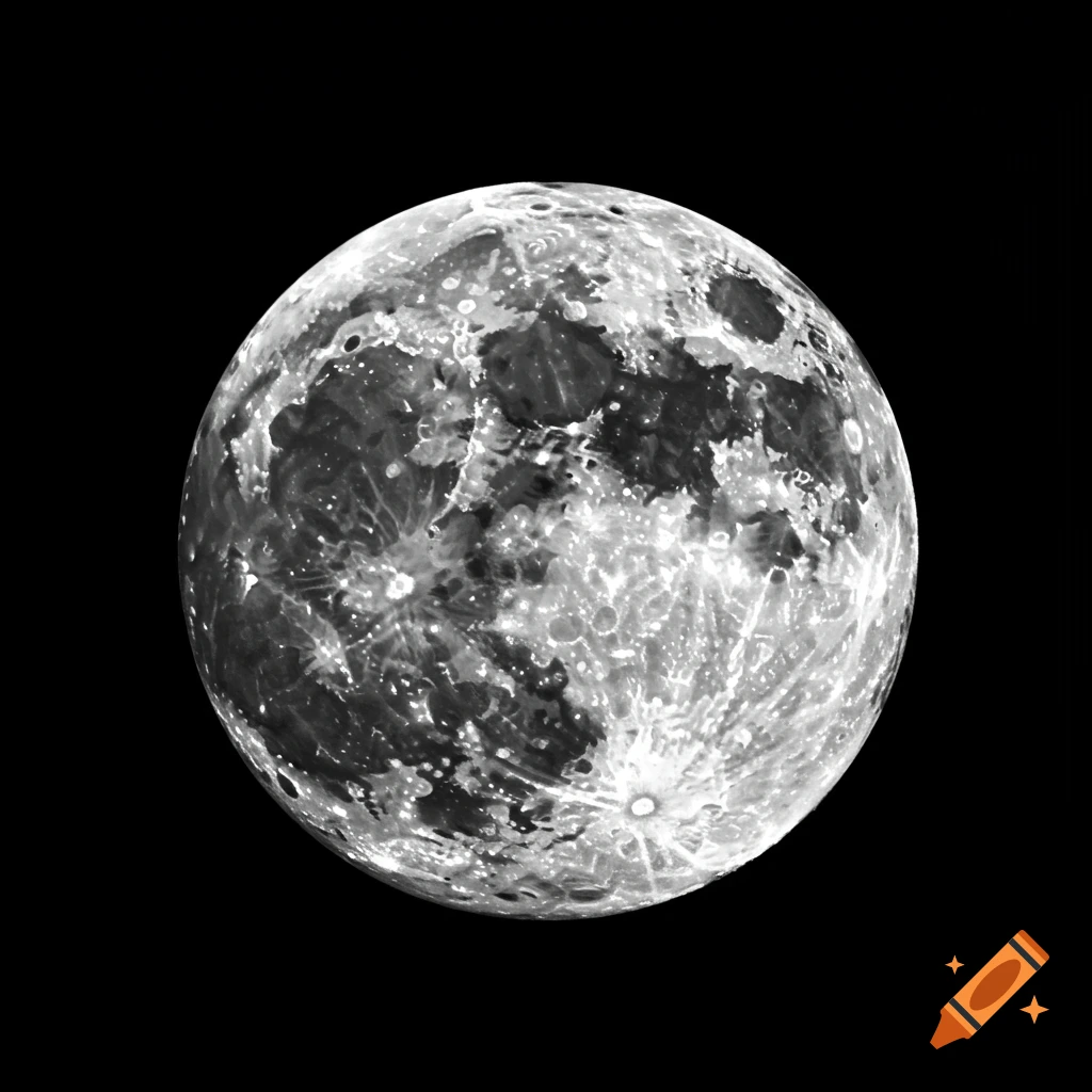 Detailed black and white close-up of the full moon against a black background, showing craters and textures.