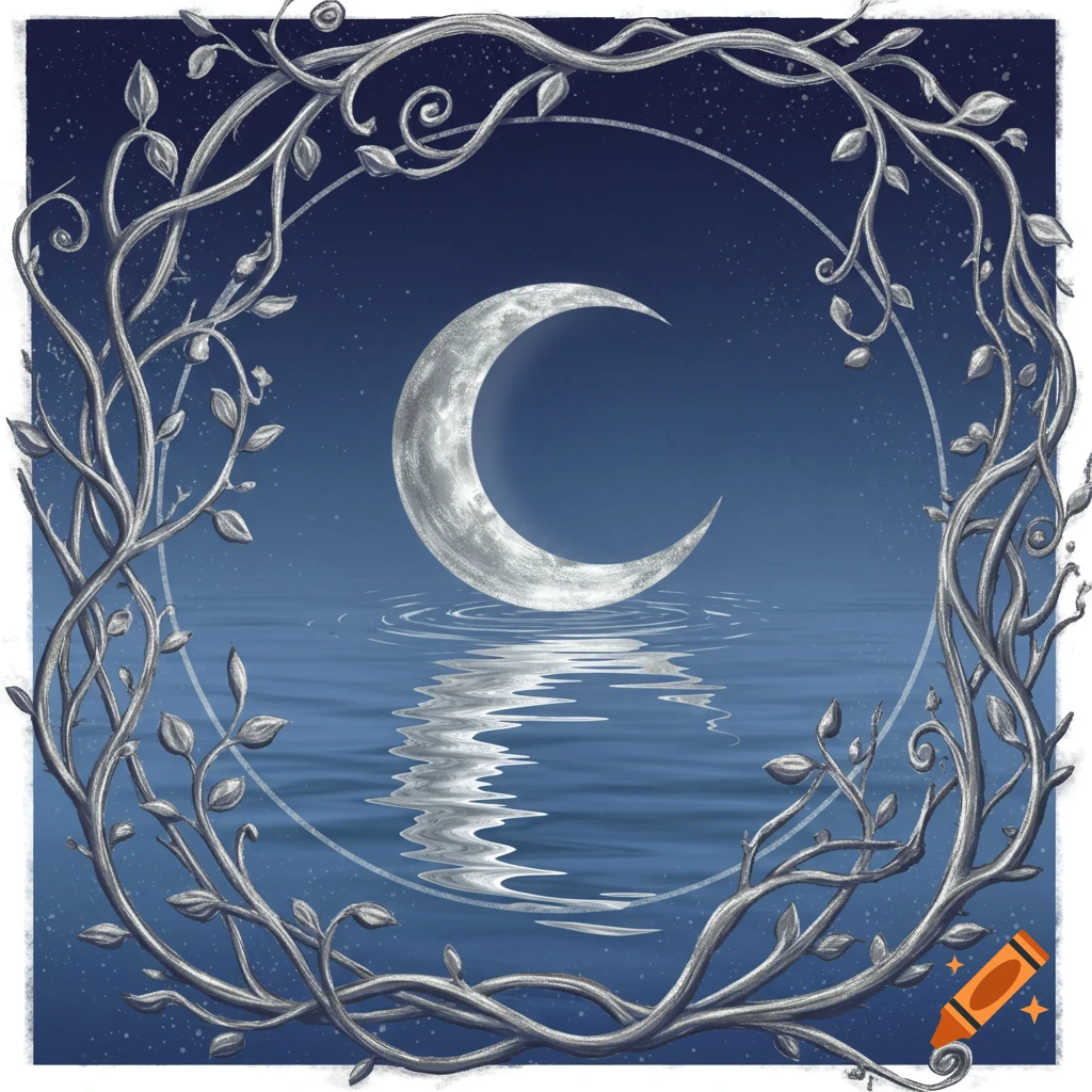 A crescent moon over water framed by silver vines.