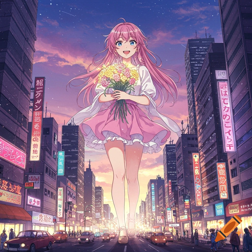 A giant anime girl holding flowers walks down a busy street in a city at sunset.