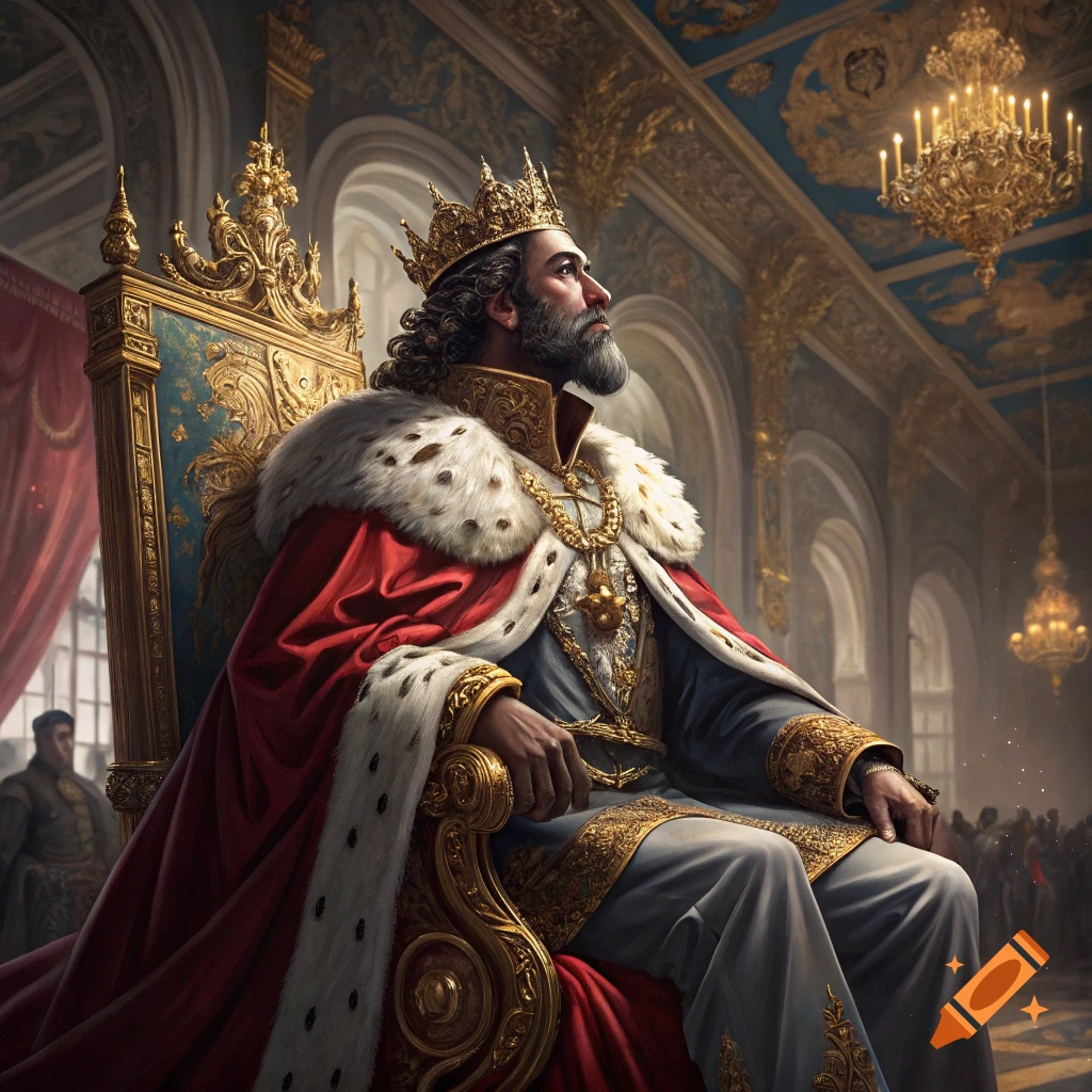A richly dressed king sits on a golden throne in a grand hall, looking upward.
