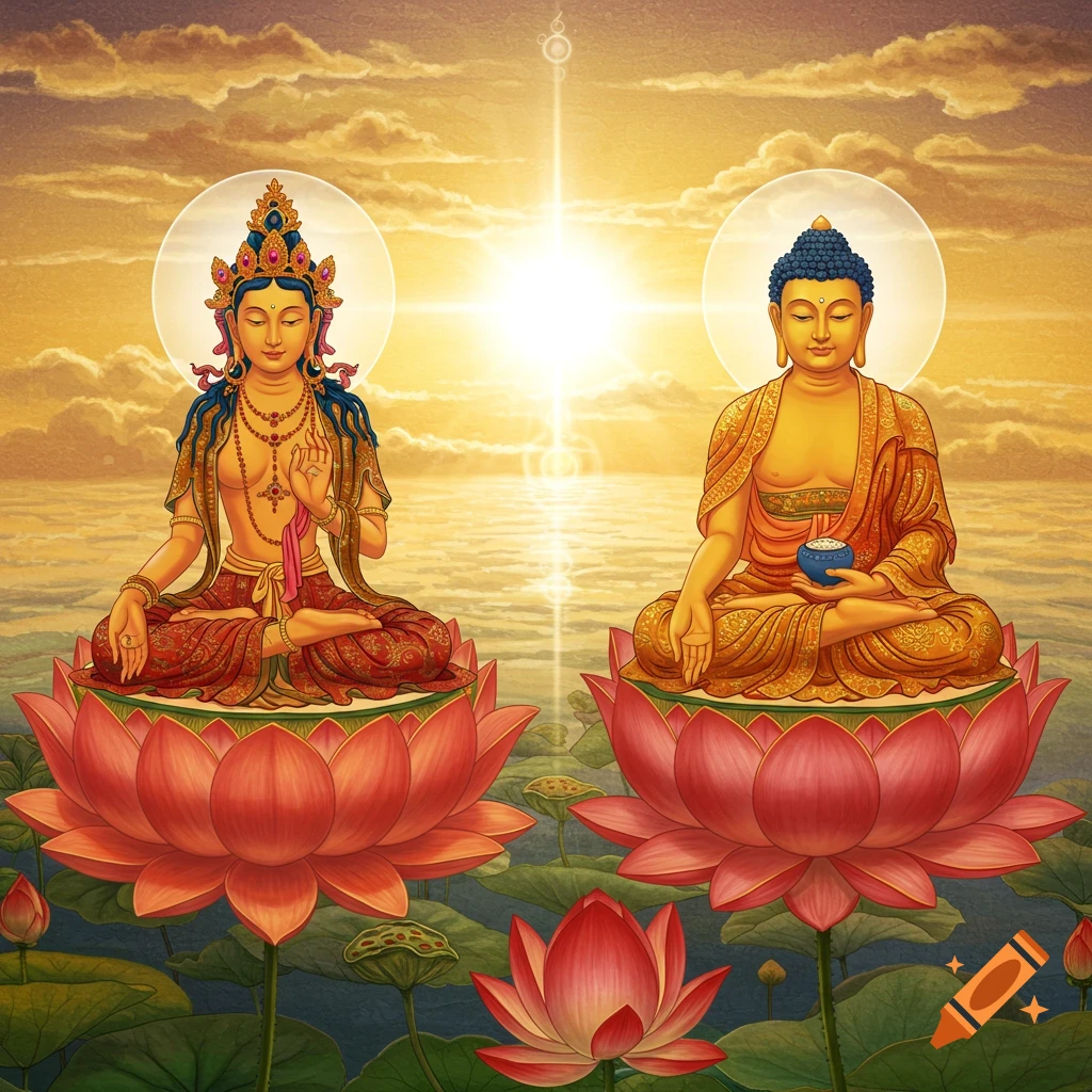Two figures resembling Buddhist deities, one in elaborate attire and one in simple robes, sit on large pink lotus flowers floating on water at sunset.