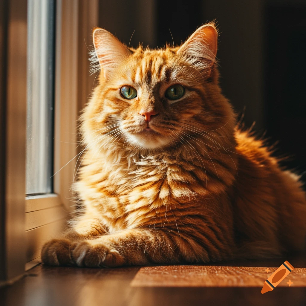 Orange cat lying in sunlight by a window