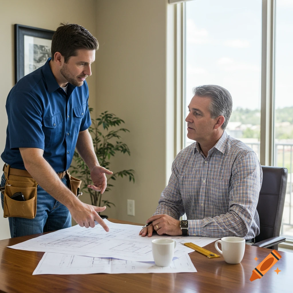 A contractor points to blueprints while meeting with a client at a table.