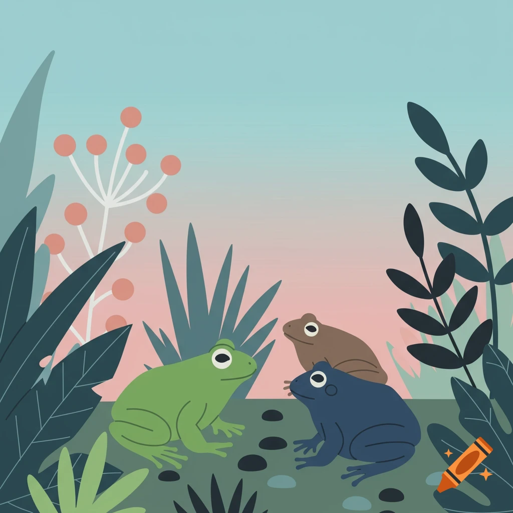 Stylized vector illustration of three colorful frogs in a garden with large leaves and rocks.