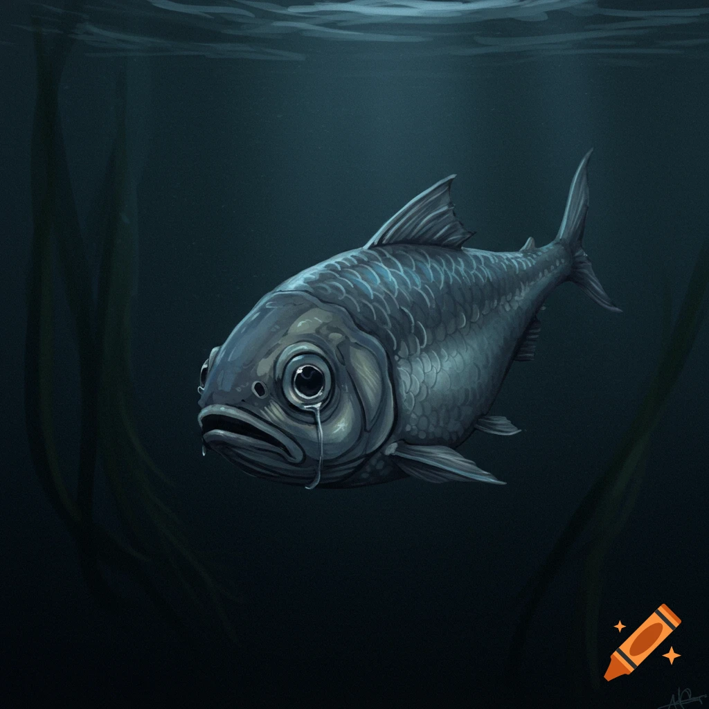 A sad fish crying underwater.