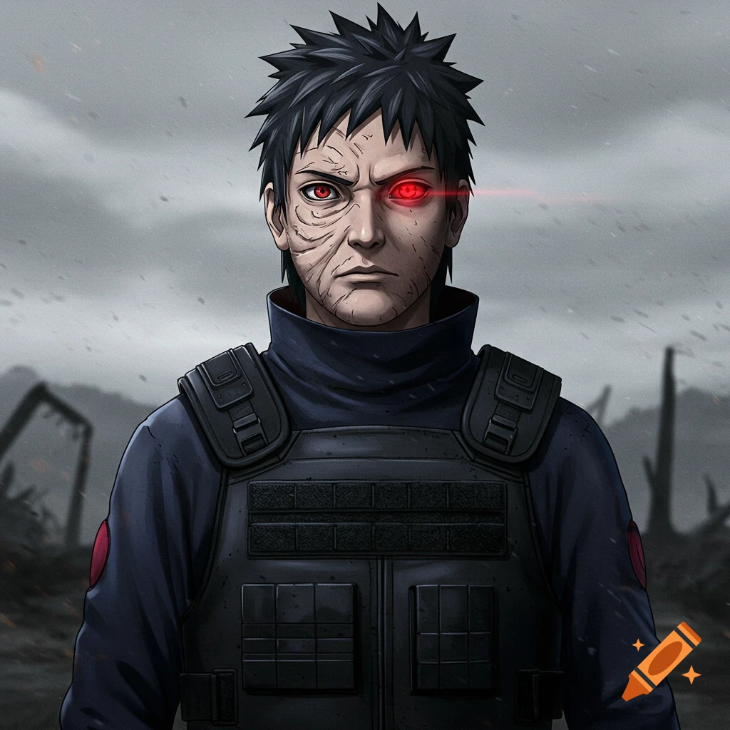 Anime portrait of a man with facial scars and a red glowing eye, wearing a tactical vest in a ruined landscape.