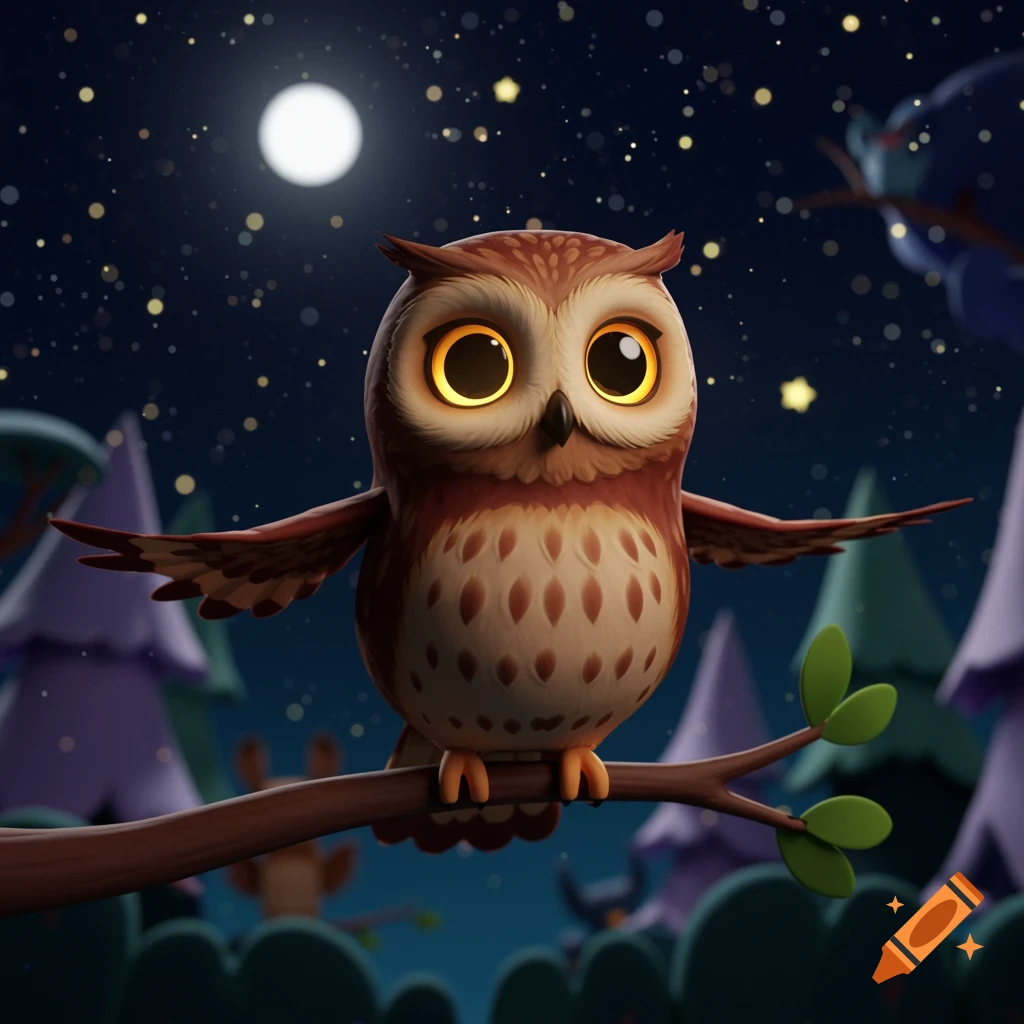 A cute 3D cartoon owl perches on a branch in a starry night forest with a bright moon.