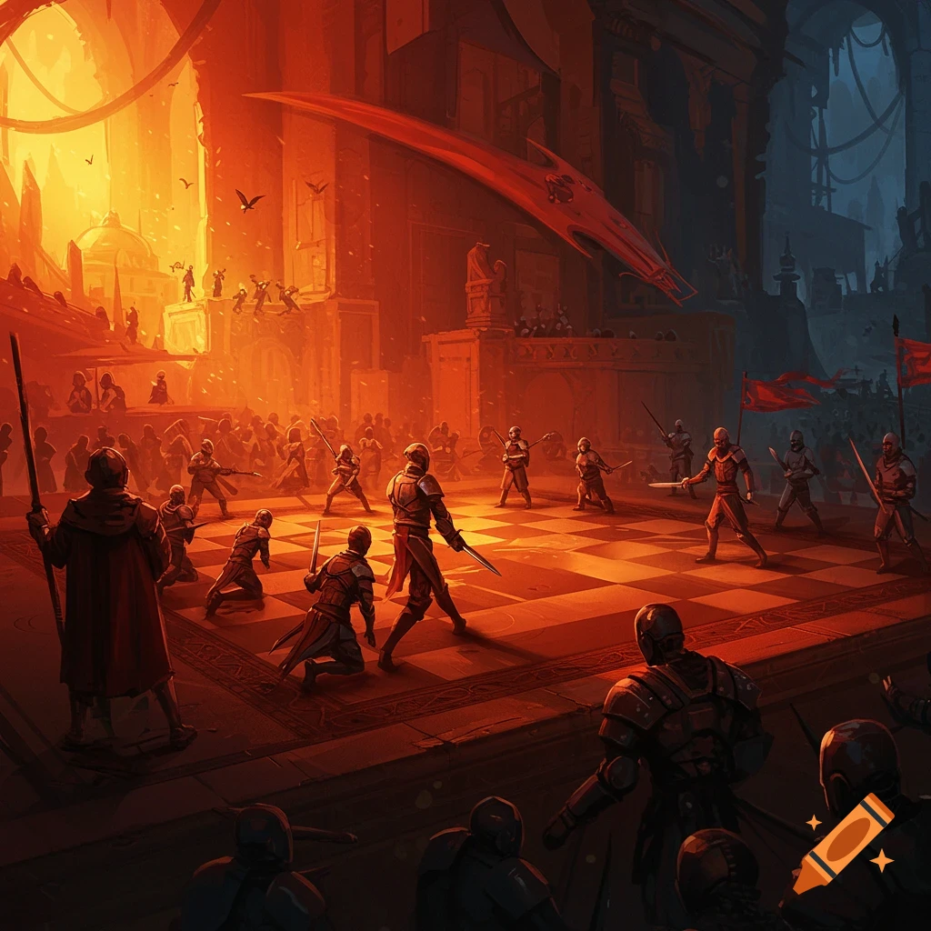 A fantasy battle rages on a giant chessboard, with knights clashing and a strange red flying object soaring under a crimson light.