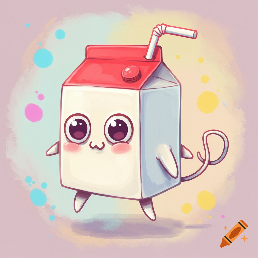Cute cartoon milk carton character with straw walking.