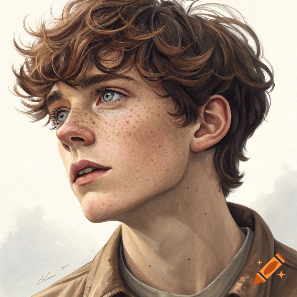 Close-up portrait of a young person with wavy brown hair and freckles, looking left.