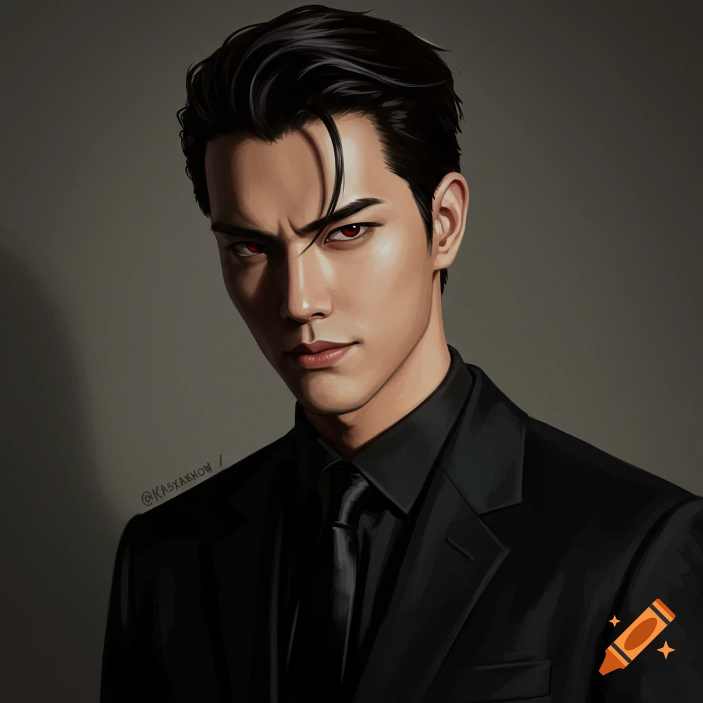 Portrait of a man in a black suit with red eyes