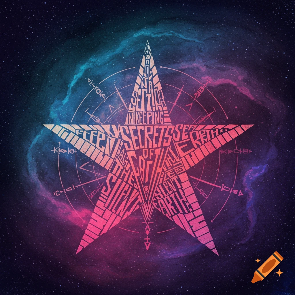 Star shape made of text 'In Keeping Secrets of Silent Earth:3' against a space background with nebulas.