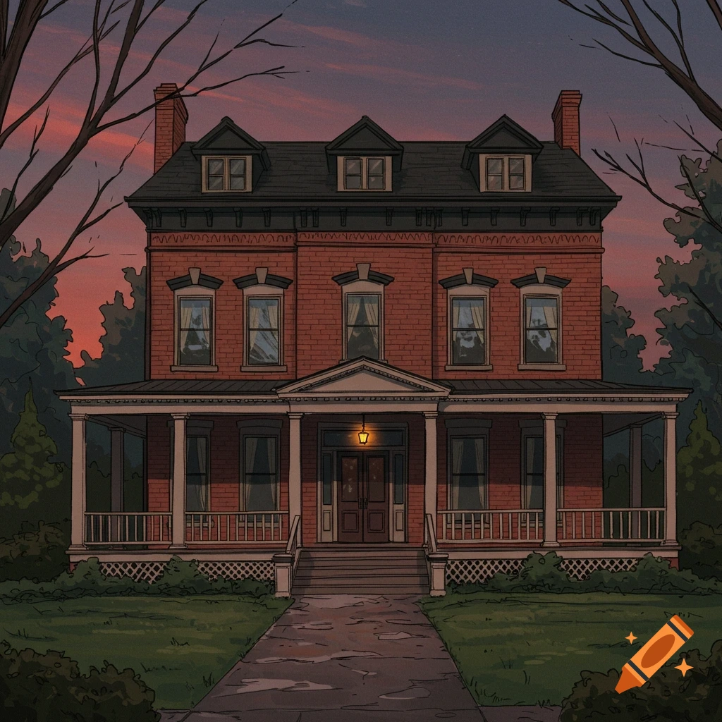 a large red brick house with a long front porch, set at dusk and framed by trees.