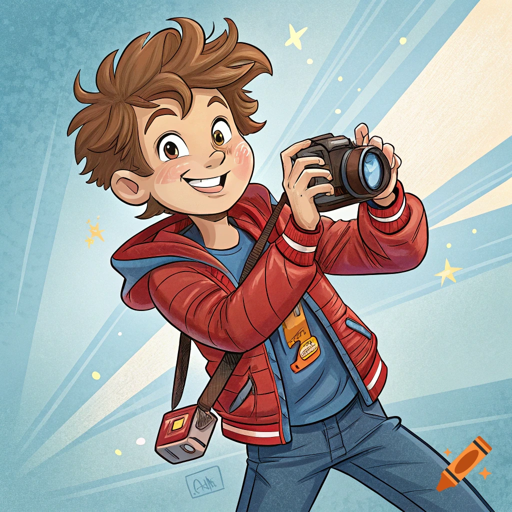 Cartoon boy with brown hair smiling and holding a camera.