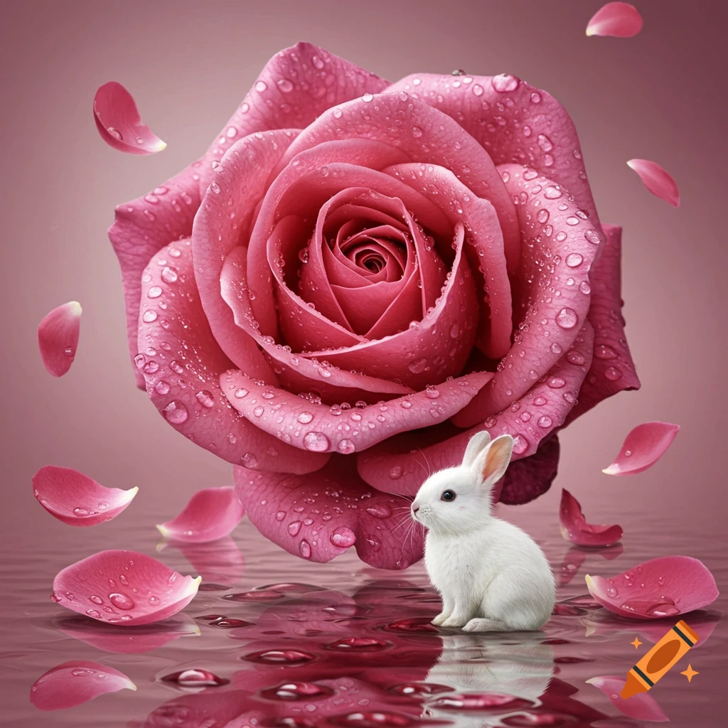 A large pink rose with water drops and falling petals, with a small white bunny sitting below on a reflective surface.