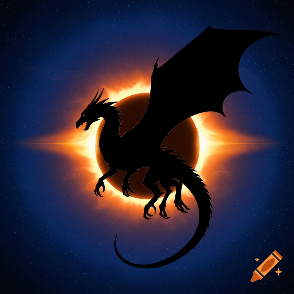 A black silhouette of a dragon flies in front of a fiery orange eclipse in a starry blue sky.