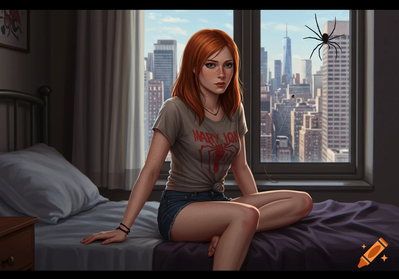 Mary Jane sitting on a bed in an apartment, with a spider on the window and New York City view.