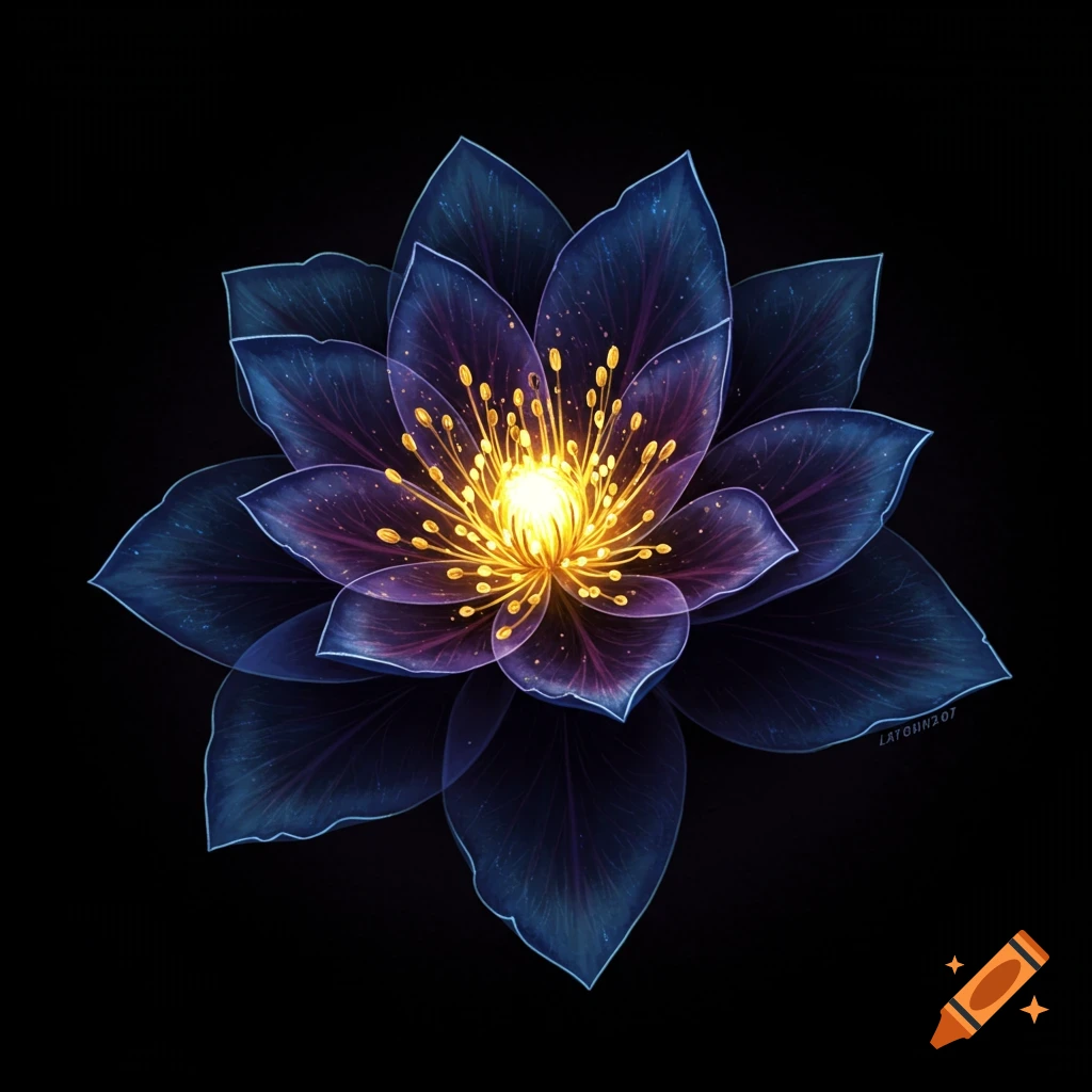 A glowing blue and purple flower with yellow details on a black background.