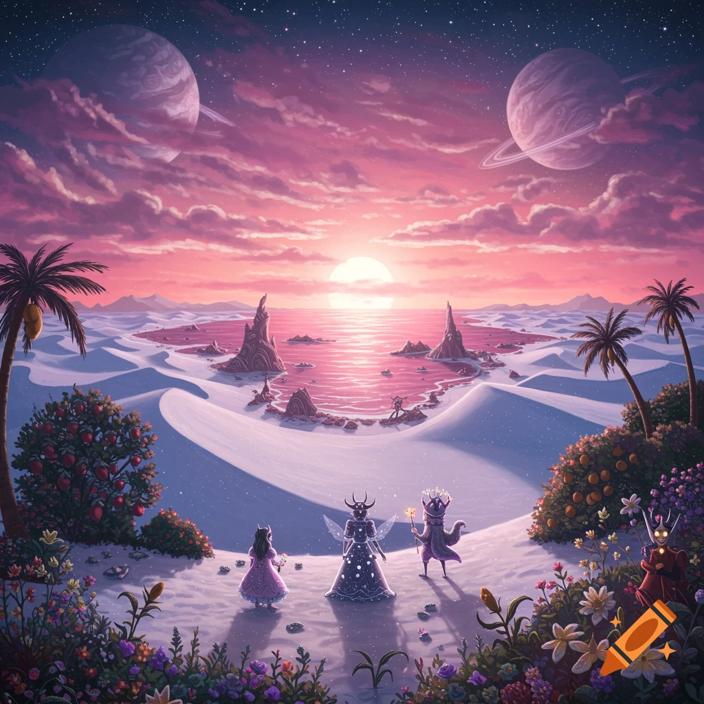Fantasy creatures in alien desert landscape with pink sunset.