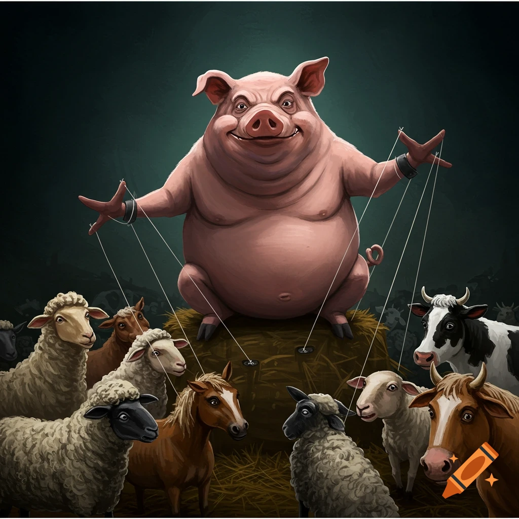 Illustration of a large pig controlling farm animals as puppets.
