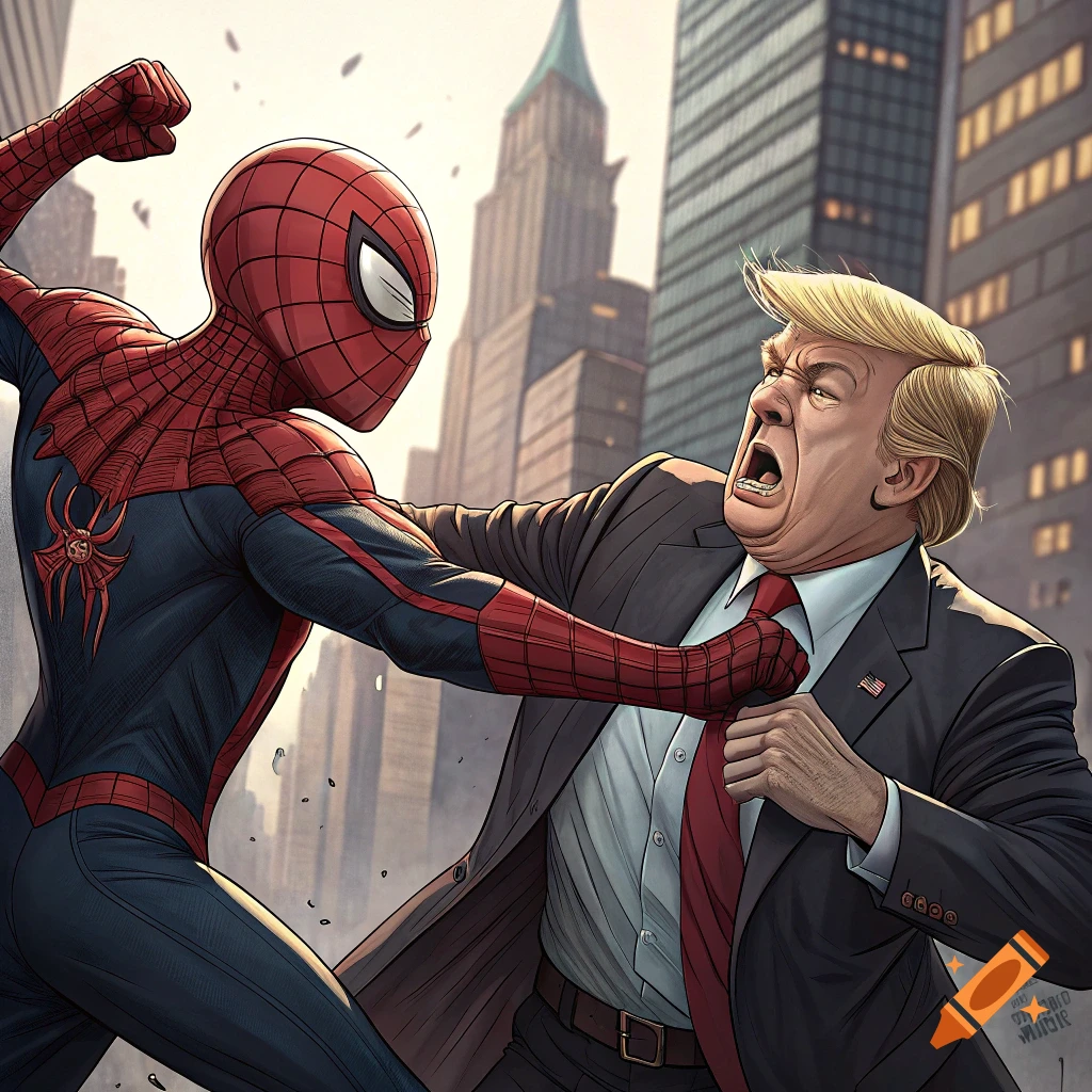 Spider-Man punches Donald Trump on a city street in a comic book style.