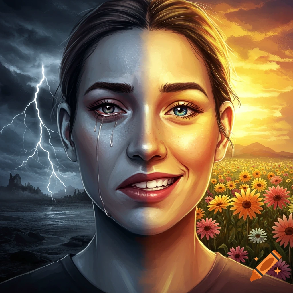 A woman's face is split, depicting sadness in a storm on one side and happiness in a sunny field of flowers on the other.