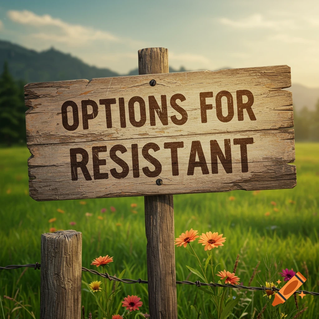 Wooden sign saying "Options for Resistant" in a sunny field with flowers and hills.