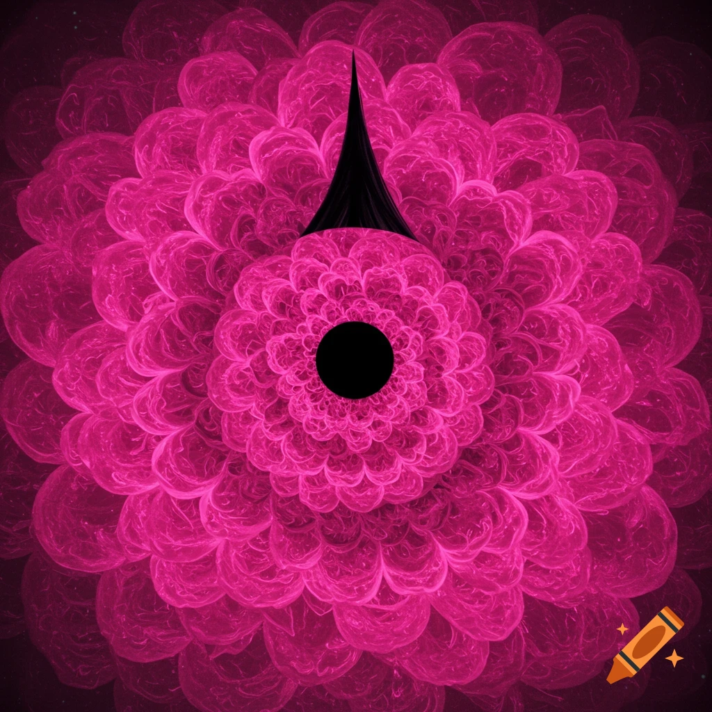 A vibrant pink fractal flower or planet shape with a black circle and point.