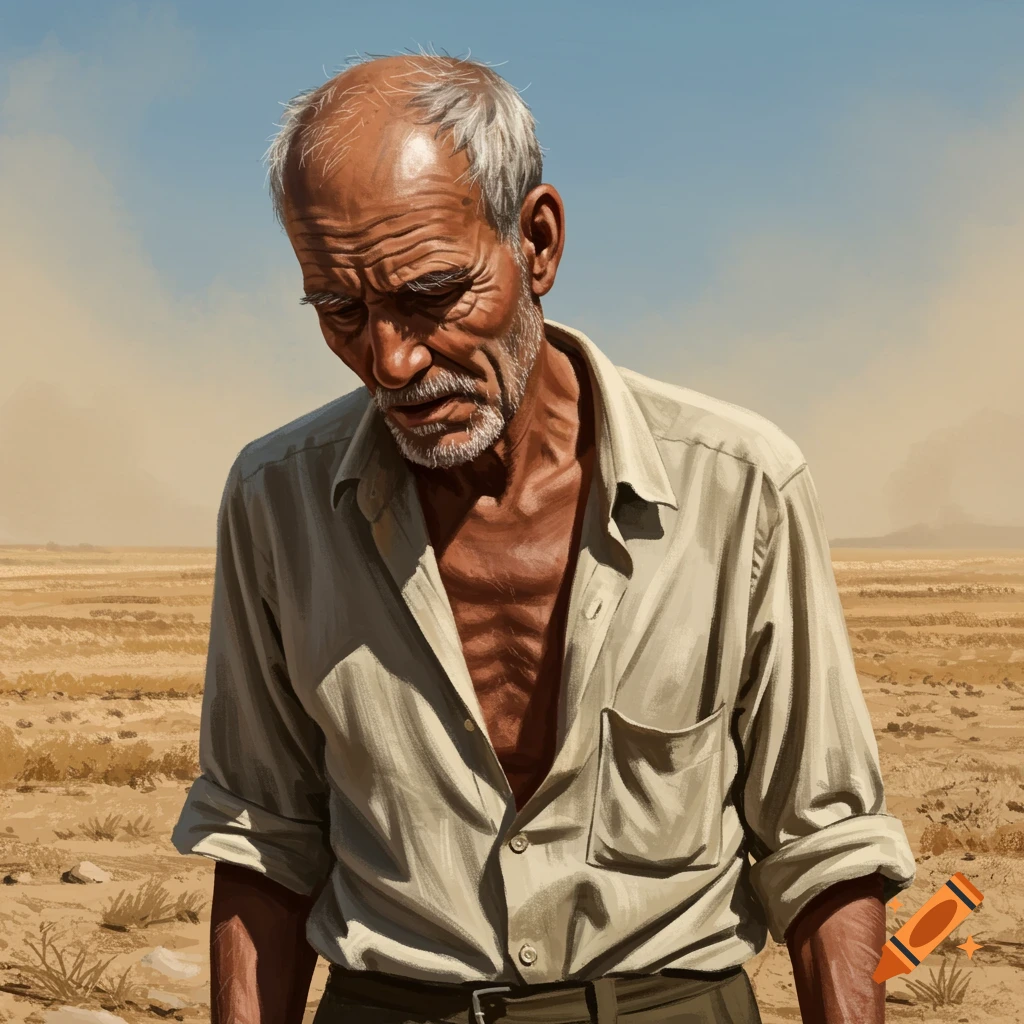 An elderly man is looking down in a dry, desolate field.