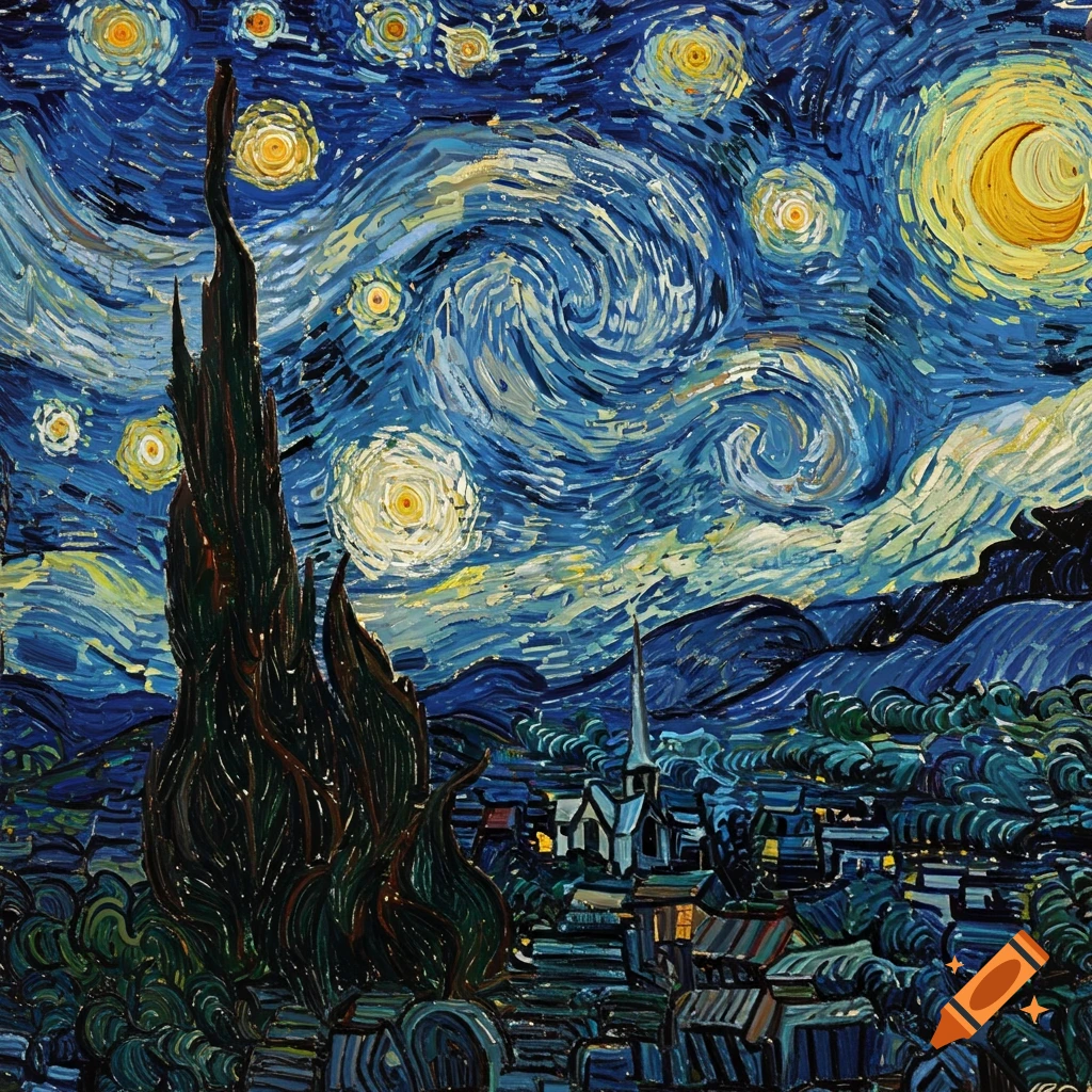 A scene in the style of Van Gogh's Starry Night showing a swirling night sky, cypress tree, village, and hills.