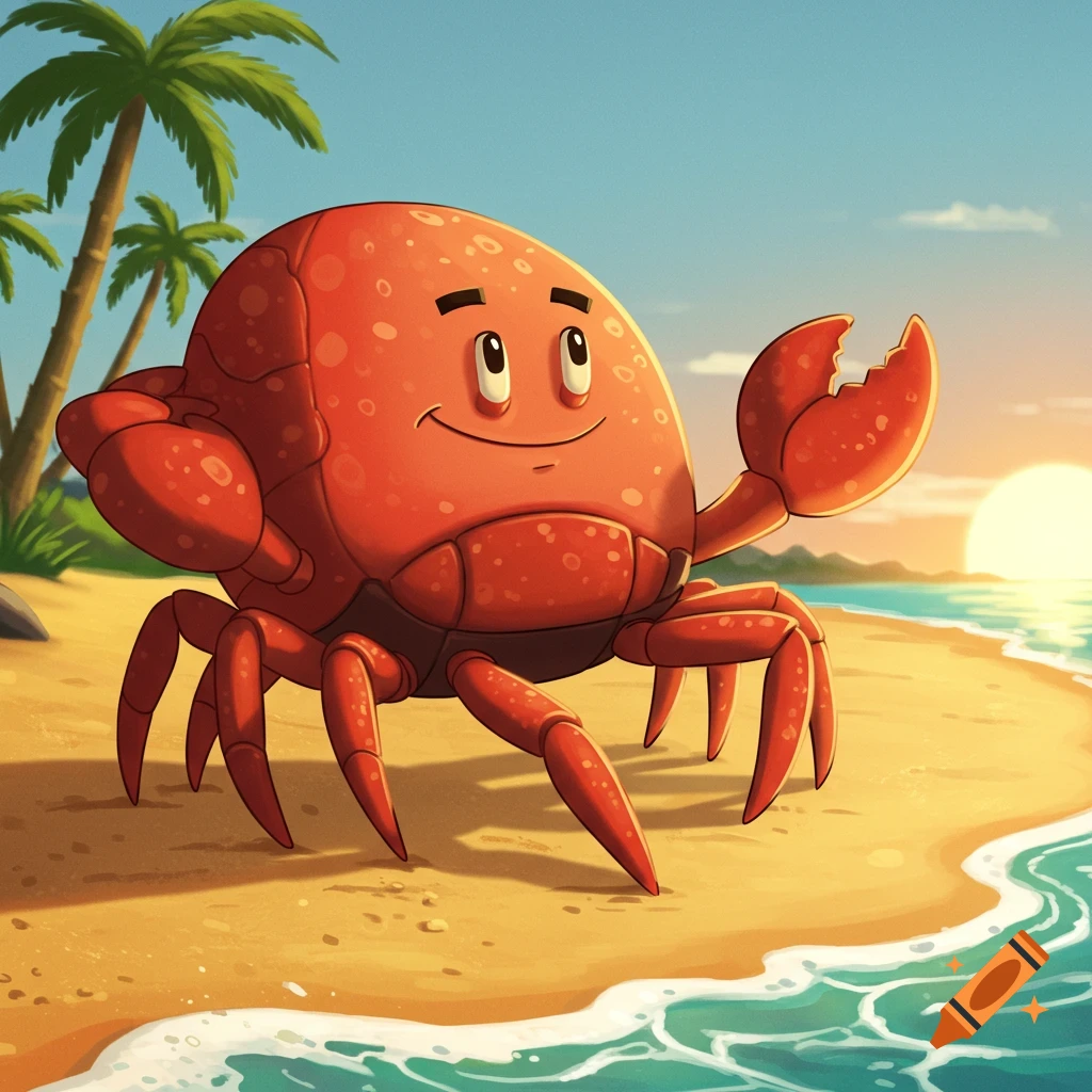 A friendly cartoon crab waves on a beach at sunset.
