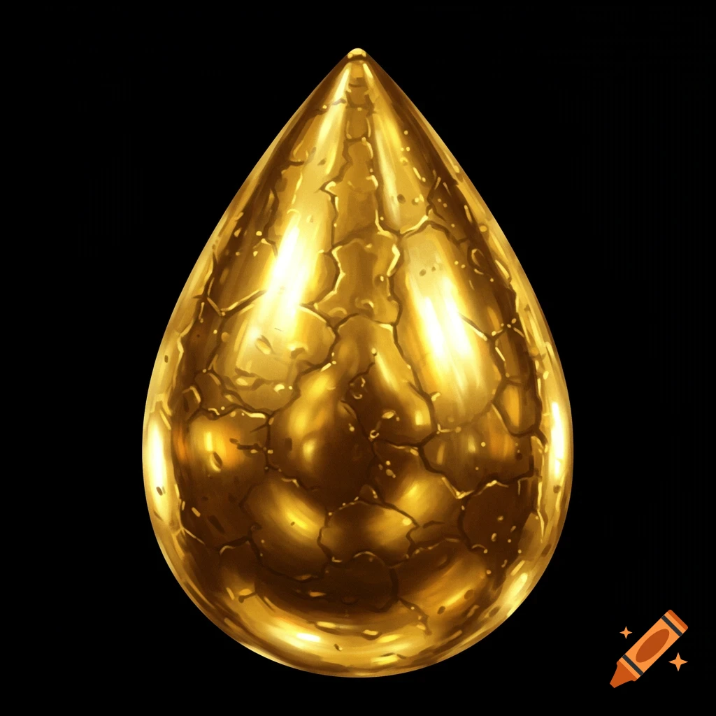 A gold metallic teardrop with a textured surface.