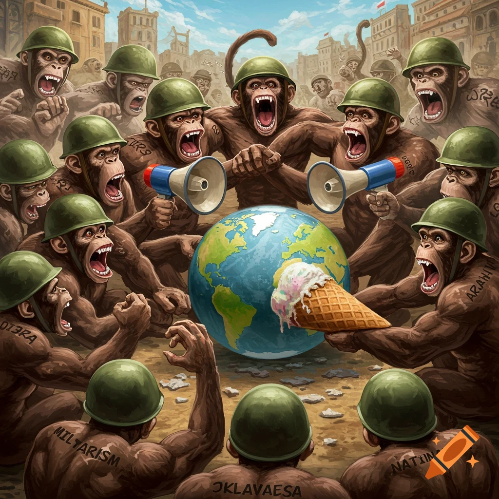 Muscular monkeys in military helmets fighting over a globe ice cream cone, shouting with megaphones.