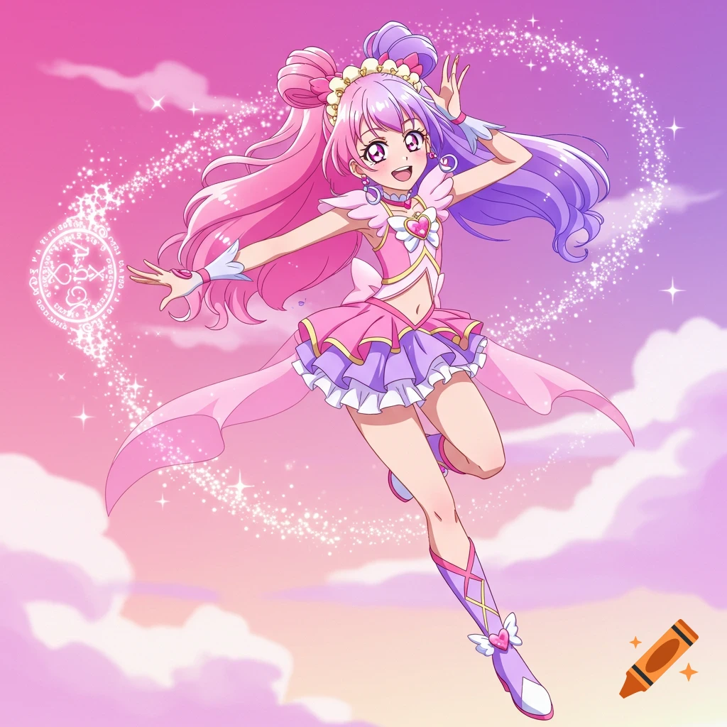 Anime girl in pink magical outfit floating in a pink sky