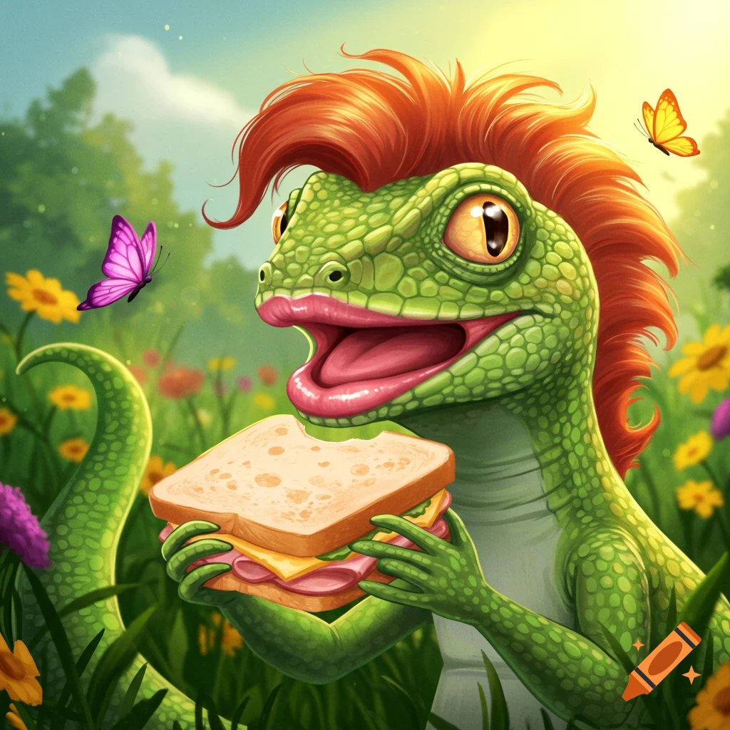 A cartoon lizard with pink lips and red hair eats a sandwich in a sunny field with flowers and butterflies.