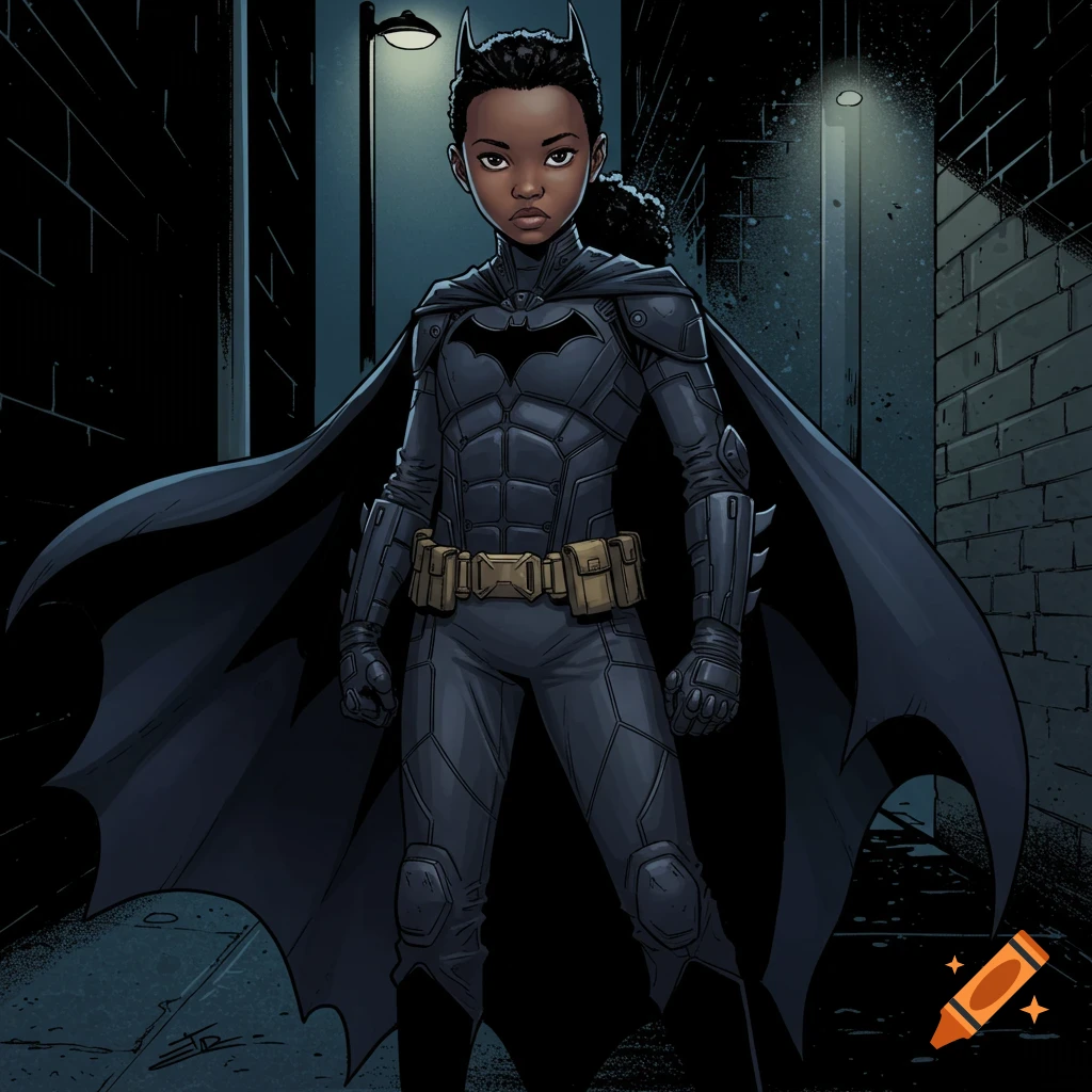 A young Black girl in a Batman-like costume stands in a dark alley