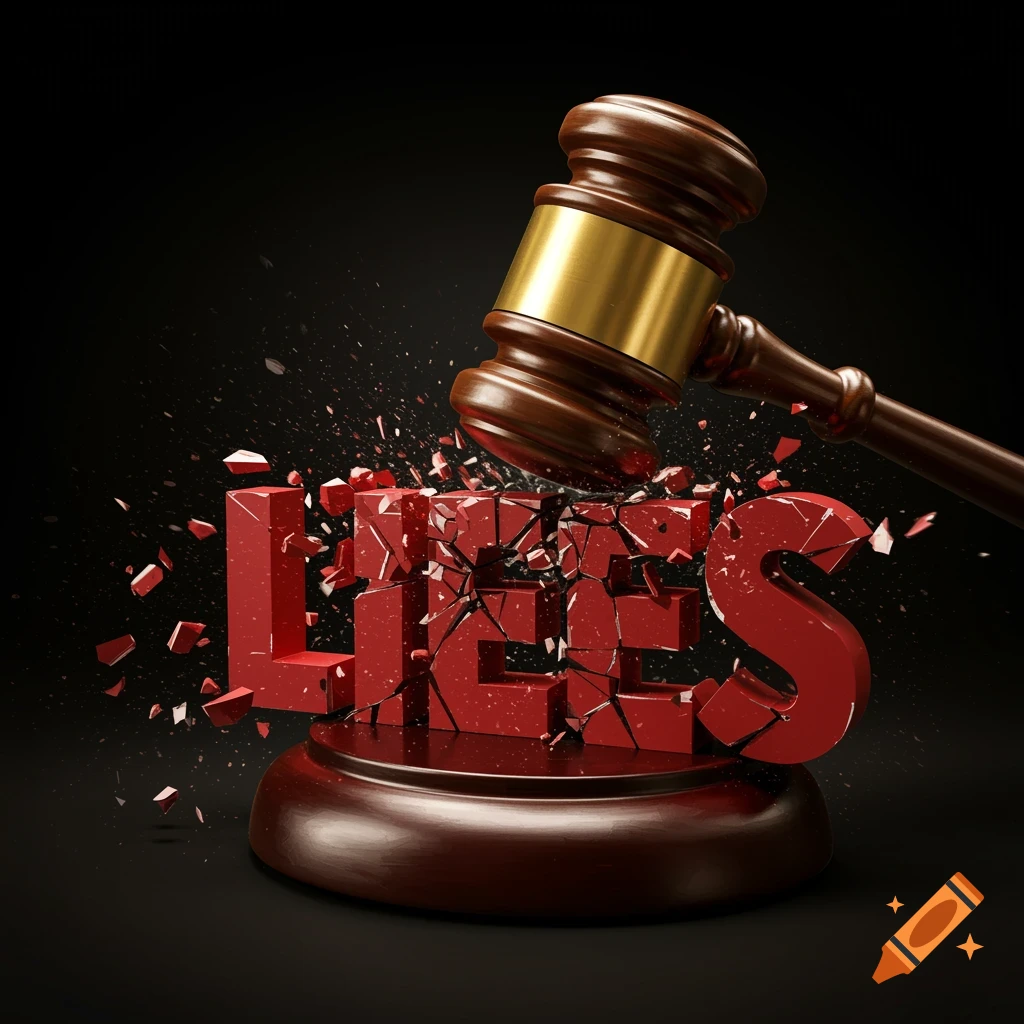 A gavel smashes the red word 'LIES' into fragments.