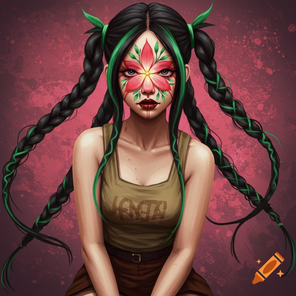 A woman with red flower face paint, black braids with green strands, wearing a tank top.