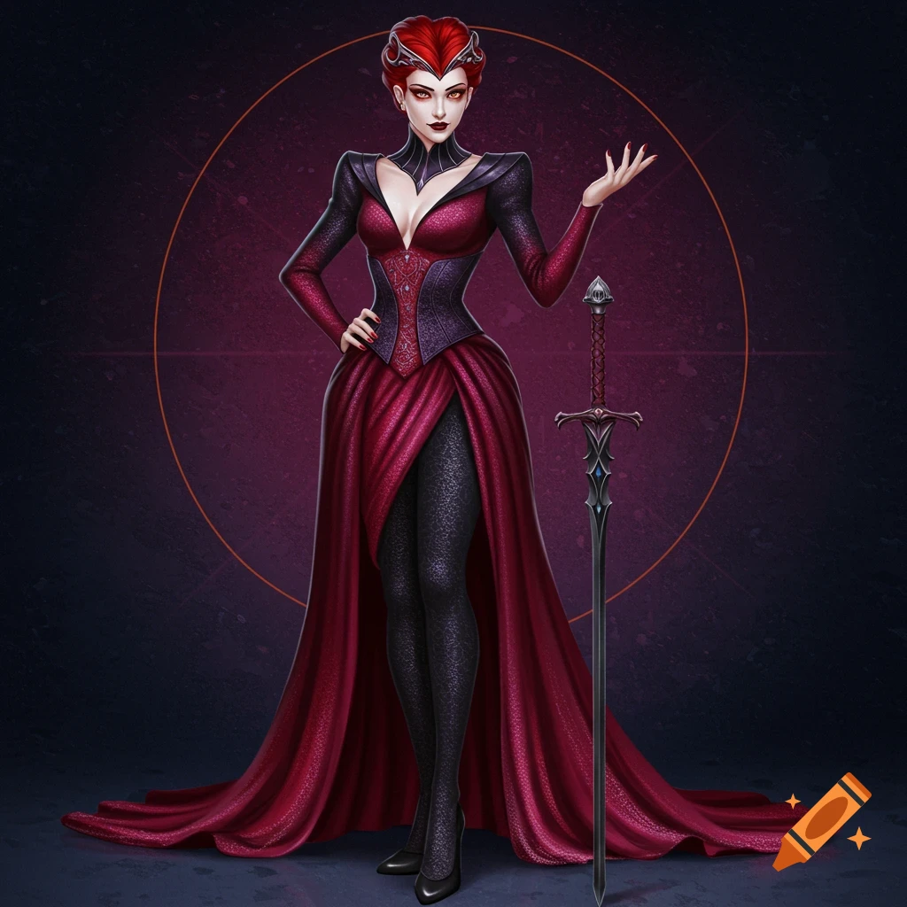 A woman in a red and black fantasy dress standing next to a sword.