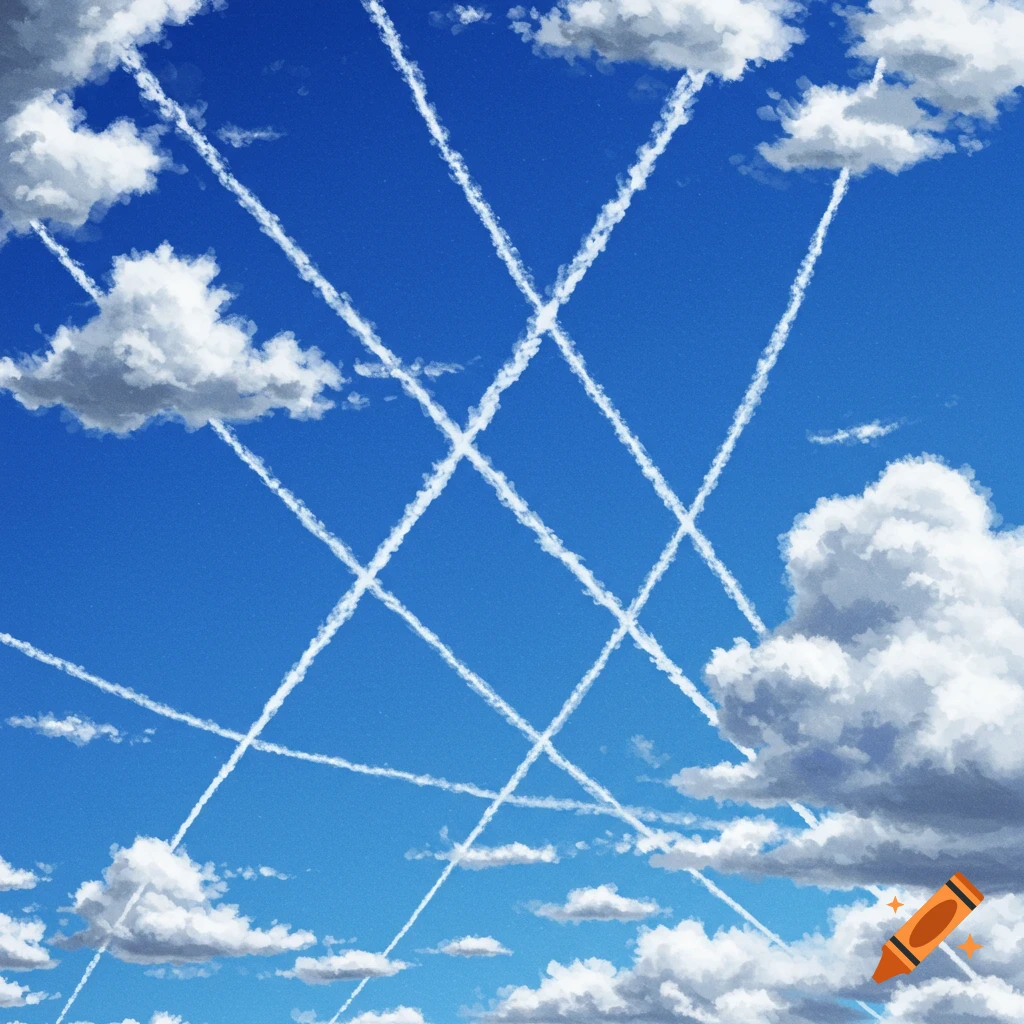 A blue sky with clouds and crisscrossing white lines.